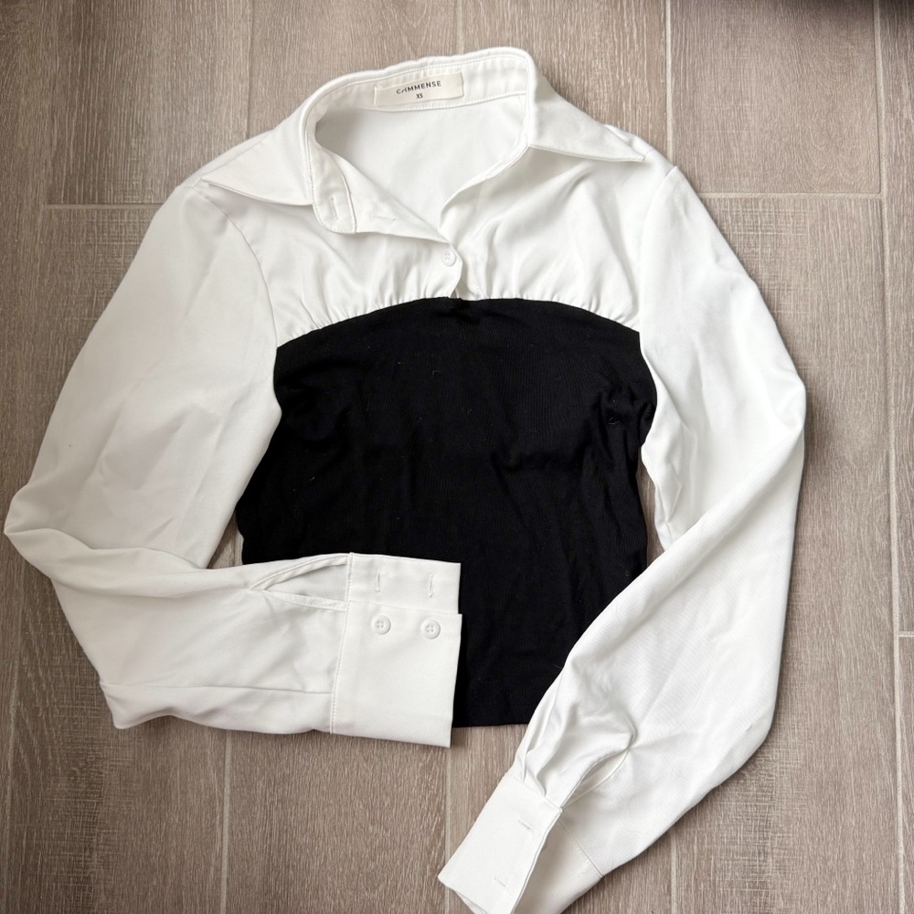 Commense White Long Sleeve Bustier Button Down Shirt